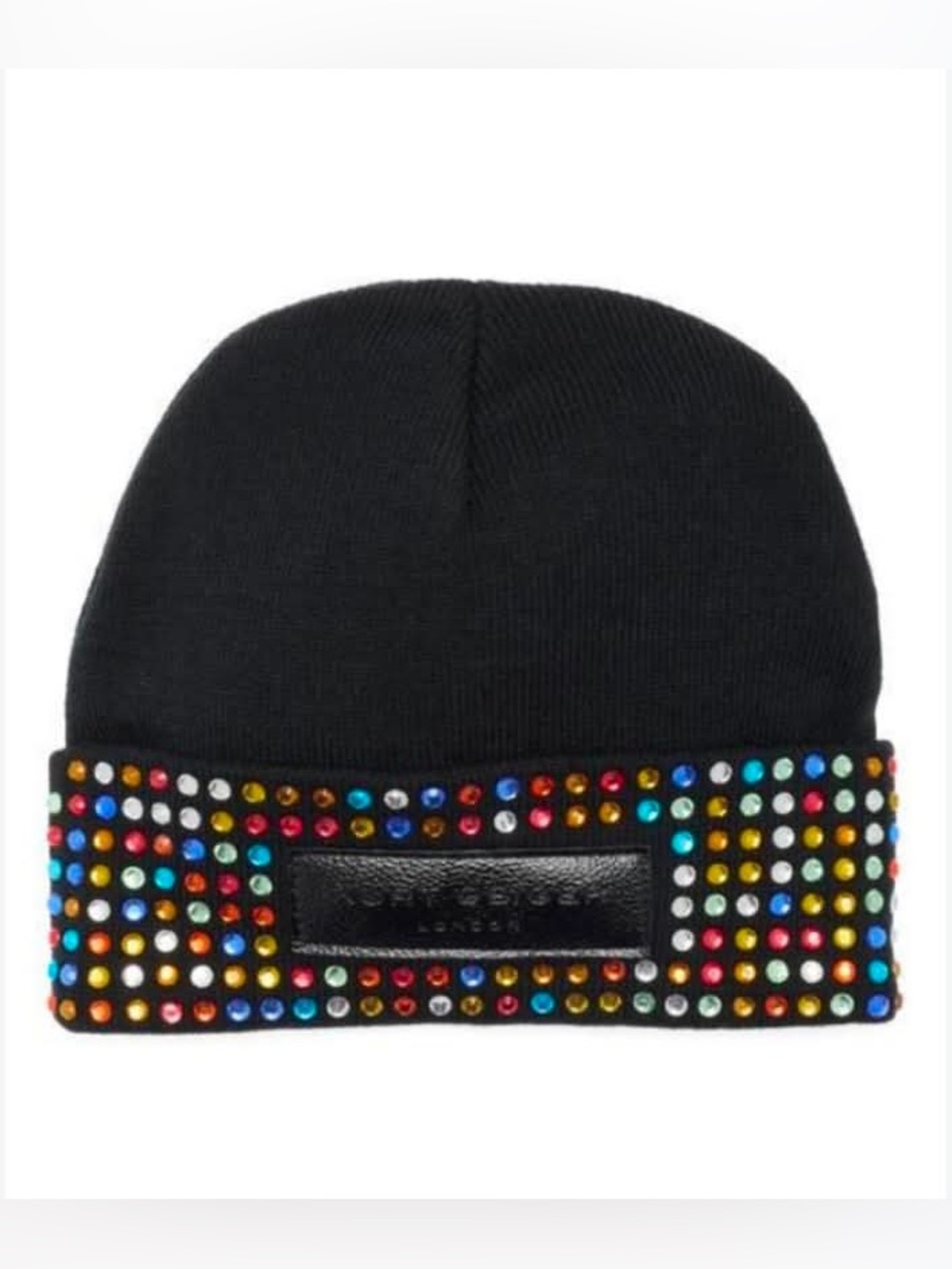 NWOT KURT GEIGER LONDON CRYSTAL CUFFED BEANIE WITH BLACK LEATHER LOGO PATCH Blac